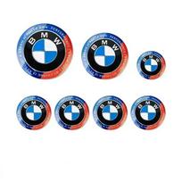 -7vnt. Priekinės variklio dangčio emblema BMW 50-mečio logotipui 82mm+Galinis ženklelis 74mm+Ratų gaubtelis 68mm+Vairo lipdukas 45mm 82MM 82MM 45MM 68MM