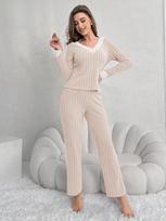 Moshang Women's 2026 Fall/Winter Stylish V-neck Lace Ribbed Knit Two-Piece Set M