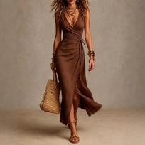 Boho Sleeveless V-Neck Wrap Dress with Side Tie Slit brown