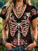 Halloween Women's T Shirt Print Graphic Skeleton Vintage Stylish Casual Short Sleeve V Neck Regular 6XL brown