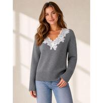 Gray V Neck Lace Patchwork Long Sleeve Pullover Sweater Women L beige
