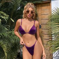 Triangle Oversize Woman Bikini Split Set Tie Side Gstring Thong Swimsuit Shiny Solid Color XL brown