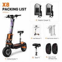 TOURSOR X8 Elektrinis paspirtukas Dvigubas variklis 10000W 60V 40AH Baterija 80KM/H Maksimalus greitis 13 colių visureigio padangos Sulankstomas suaugusiems X8-10000W60V40AH-dd1