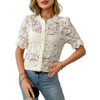 Womens Sleeves Short Lace Summer Casual Shirt Button Up Shirt Top XL abrikosas
