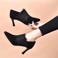 Fashion pointed high heels spring new temperament lace deep mouth single shoes black sheepskin stiletto ankle shoes 39 juoda