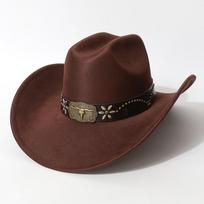 Unisex Western Cowboy Hat with a unique flat top, rolled edges, wide brim, felt material, paired with a cowhide belt, suitable for horseback riding Average Size ruda
