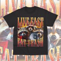Live Fast Eat Trash T- Shirt Funny Raccoon Garbage Graphic Sweater Soft Tee L gray