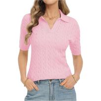 Women's Cable Knit V Neck Short Sleeve Sweater Top Collared Pullover Lightweight Soft Knitwear XXL rožinė