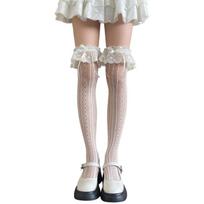 Fishnet Over The Knee Socks With Ruffle Lace Edging And Ribbon Bows Accent Aesthetic Thigh High Stockings For Women gray