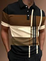 Geometrinis Dryžuotas Trumpomis Rankovėmis Polo Marškinėlis, Stilingas Laisvalaikio Viršus XL black