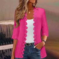 Women's Casual Color Three-Quarter Sleeve Cardigan with Lace Trim L pink