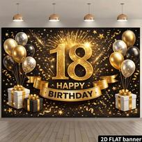 2D Black Gold Balloons 18th Birthday Backdrop Black Gold 18 Gold Black Gold Balloons Fireworks Stars Accent Polyester No Power Required For 109.98*180.09cm brown