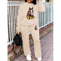 Women's Crewneck Sweatshirt & Drawstring Straight-Leg Pants 2-Piece Set, Printed Autumn/Winter Tracksuit 5XL abrikosas