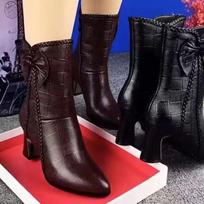New fashion Martin boots women's shoes trendy autumn and winter piled thick heel versatile high heel mid boots cotton shoes 40 black