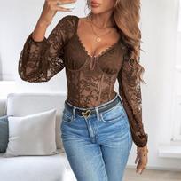 Women’s Sexy Lace Long Sleeve Bodysuit Jumpsuit Tops Slim Fit See Through Mesh Clubwear XL black