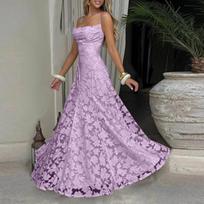 Women's Casual Spliced Lace Formal Dress with Spaghetti Straps and Flared Hem Elegant Sleeveless Maxi Gown for Events and Parties XS gray
