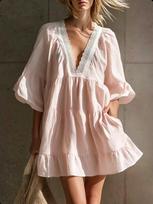 2026 European and American summer new V-neck lace dress loose holiday skirt 3XL