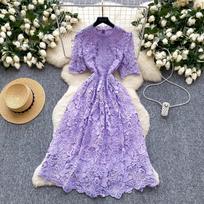 French high-end hollow crochet lace short-sleeved dress for women's summer waist and thin temperament a-word dress skirt S violetinė
