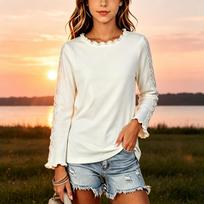 Girls Long Sleeve Lace Trim Ruffle Top Casual Color Comfortable Layering Pullover 130 white