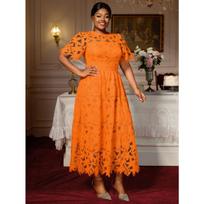 Plus Size Women Elegant Round Neck Hollow Lace Waisted Midi Evening Party Dress 4XL