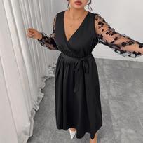 High Waist Plus Size V Neck Lace Long Sleeve Lace Up Women Bodycon Midi Dress 4XL juoda