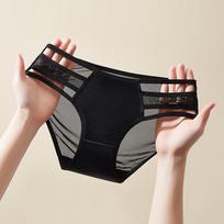 Ladies Summer Pure Lace Mesh Hollow Transparent Without Trace Cotton Crotch Low Waist Triangle Briefs L black