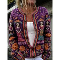 Women's Skeleton Lady Floral Print Button Front Cardigan Sweater S violetinė