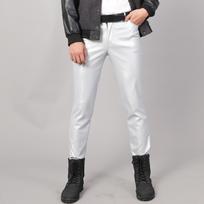 Men Elastic Slim Fit Waterproof Solid White Leather Pants For Dance Performance 31 white