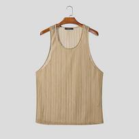 INCERUN Men Round Neck Sleeveless Lace Mesh See Through Hollow Tank Tops 3XL beige