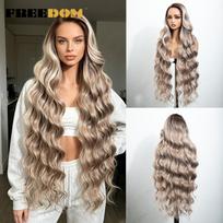 FREEDOM 36  Long Wavy Synthetic Lace Front Wigs For Women Ombre Brown Blonde Body Wave Side Part Lace Wig Natural Daily Use Wig 36inches