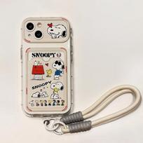 Snoopy telefono dėklas su riešo dirželiu, skirtas IPhone 16 15 14 13 12 11 Pro Max XS X XR 16 Plus 16 Kortelių dėklas Atsparus smūgiams silikoninis dangtelis  13 Pro Max