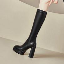 High Boots Autumn New Round Toe Side Zipper Platform Non-Slip Wear-Resistant Square Heel High Heel Boots 39 gray