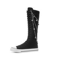 Long tube front lace-up side zipper women's boots hanging chain canvas shoes women's shoes long flat heel within size 41 juoda