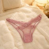 Ascetic Dopamine: Sexy Lace Low-Waist Crossed Thong with Pure Desire and Color Blocking Bow M 90-115 lbs