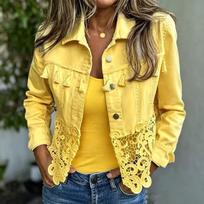 Women Autumn Spring Denim Lace Jackets Long Sleeve Single Breasted Jean Outerwear Coats XXL