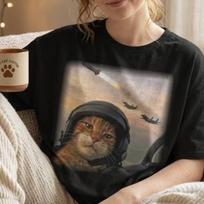 Funny Fighter Jet Pilot Cat T-Shirt, Top Gun Cat Wearing HelmeT-Shirt, Air Force Kitty Graphic Tee, Gift for Pilot Cat Lover Unisex Tee 100 brown