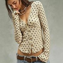 Women Polka Dot V Neck Lace Ruffle Cropped Long Sleeve Knitted Cardigan M
