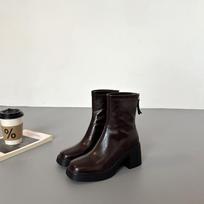 Height-increasing platform short boots women's high-heeled thick-heeled Martin boots French square-head thin boots winter velvet Martin boots 37
