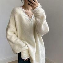 Women's Autumn Winter Lace V-neck Sweater Long Sleeved Y2K Korean Harajuku College 2000s Retro Top Warm Sweater Clothing 2024 One Size