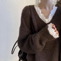 Women's Autumn Winter Lace V-neck Sweater Long Sleeved Y2K Korean Harajuku College 2000s Retro Top Warm Sweater Clothing 2024 One Size black