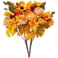 Artificial Mum Bush Sunflowers Faux Fall Chrysanthemums Flower Bouquets Silk Floral Arrangements With Pinecone Stems brown