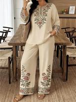 Supply Long Sleeve Floral Lace Flower Long Sleeve Ethnic Style Outfit Set XXXL gray