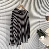 American lazy style loose casual black striped long-sleeved T-shirt 2026 new Korean version fashion versatile top women XL black