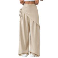 Solid Wide Leg Irregular Loose Lace-up Pants for Office and Casual Wear 2XL beige