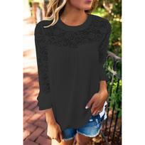 Elegant Chiffon Lace Blouse Loose Fit Pullover Long Sleeve T-shirt For Women L black