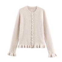European & American Women's Lace Knit Short Cardigan Sweater with Round Neck. Large white