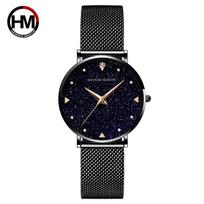Hannah Martin Women Watch Japanese Quartz Movement Fashion Rose Gold Matte Water Diamond 36mm Luxury Stainless Steel Mesh Watch black