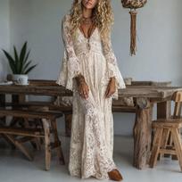 European & American V-neck Lace Long-sleeve Dress - Holiday Beach Sun Protection Skirt 2026 Edition Double Extra Large gray