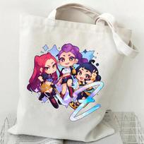 Kids Girls Kpop Rumi Zoey Mira Printed Student Large Capacity Casual Canvas Shopping Crossbody Shoulder Bags 39*36cm gray