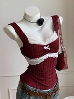 Women's Y2K Lace Trim Bow Decor Sleeveless Slim Fit Camisole M white